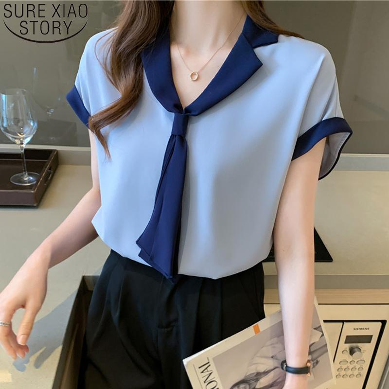 

Women' Blouses & Shirts Women Tops Loose Short Sleeve Chiffon Shirt OL Style Office Lady Blue Blouse Fashion Tie V-neck Solid Korean Clothe
