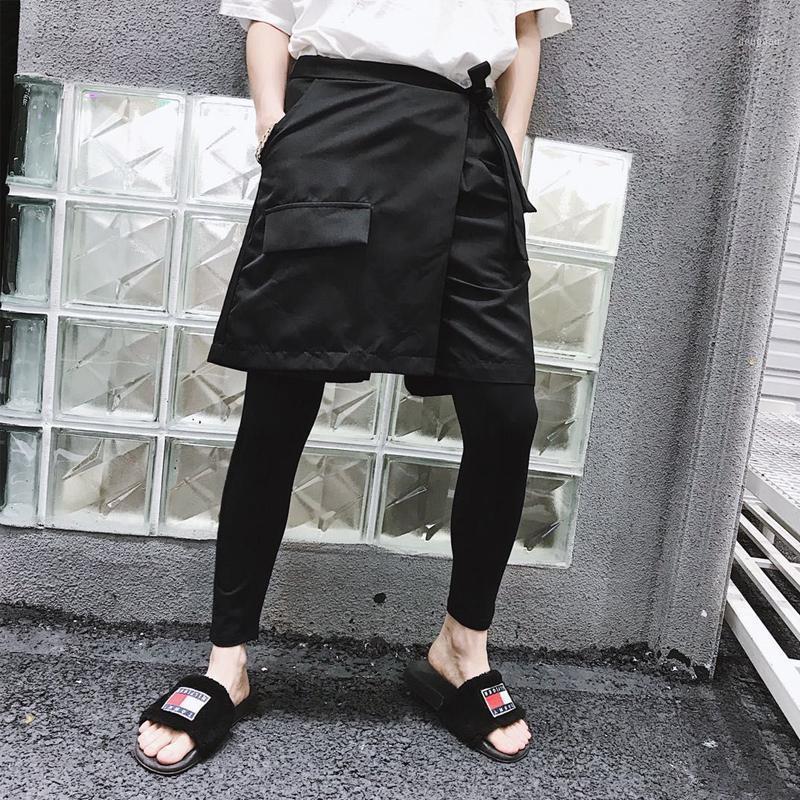 

Men Hair Stylist Hip Hop Splicing Individuality Unsymmetrical Fake Two Pieces Culotte Casual Pants Singer Costumes Men's, Black