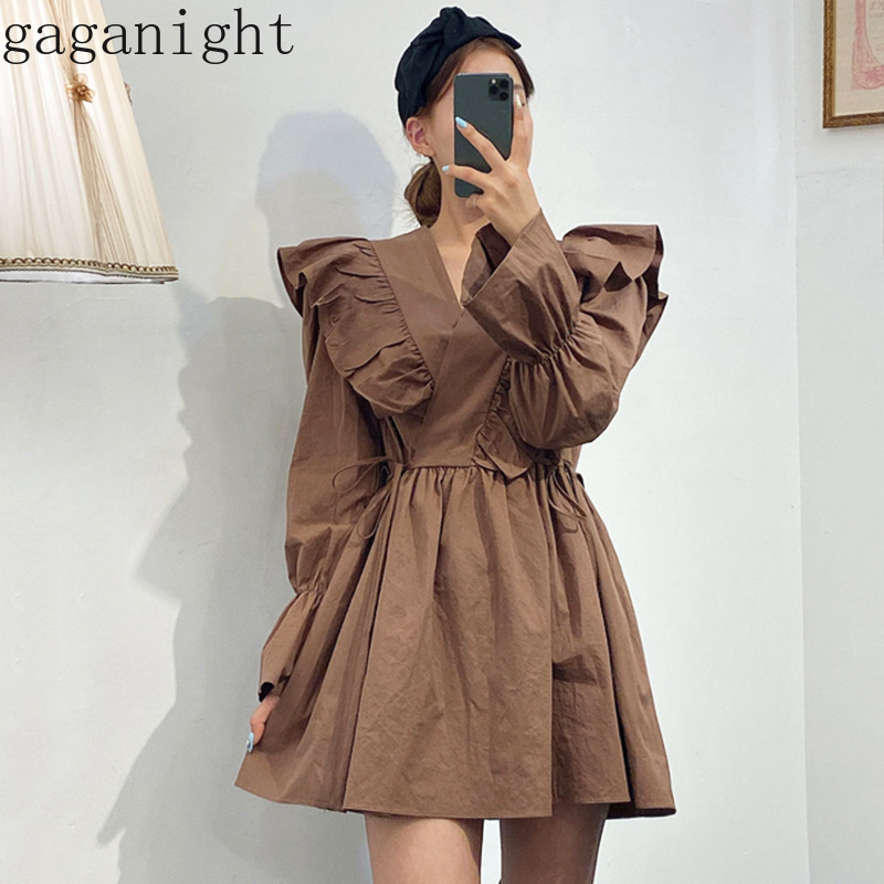 

Gaganight Korean Fashion Women Mini Short Ruffles Dress Long Sleeves V Neck Solid Girls Dresses Chic Summer Spring Vestidos Slim, White