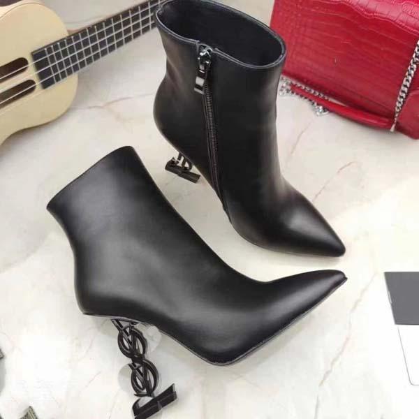 

Fashion Womens High Heel Boot Metal Letter Real Leather Designer Shoe Autumn Winter Short Boots Martin Shoes size35-42With box, Black