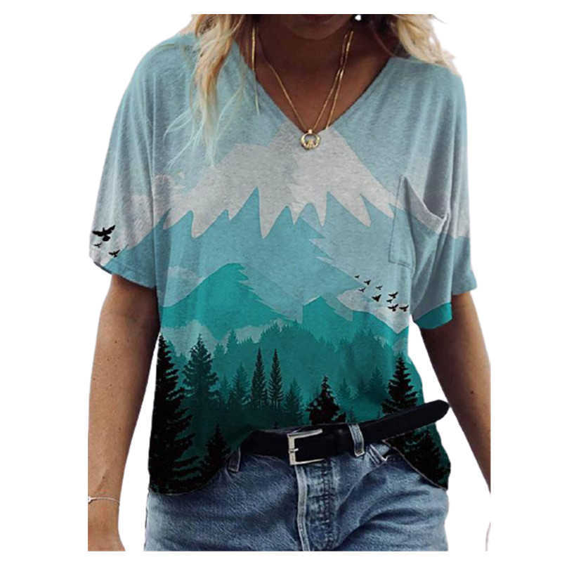 

3D Landscape Printing Women T Shirts Short Sleeve Loose Casual ops Oversized Ladies ee Plus Size 3XL Summer Shirt 210526