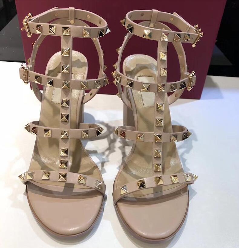 

Hot fashion Designer Studs Patent Leather rivets Sandals Women Genuine Leather Studded Strappy Dress Shoes 6.5CM high heel Shoes, Black