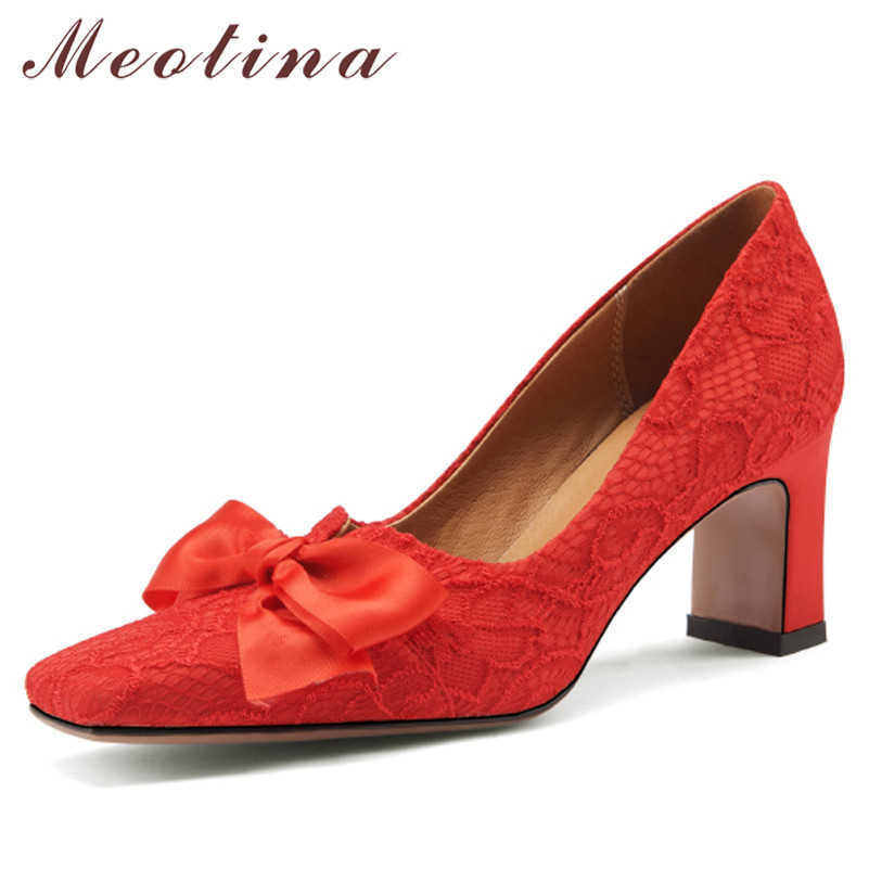 

Meotina Square Toe High Heels Women Wedding Shoes Silk Thick Heel Pumps Fashion Bow Female Footwear Spring White Large Size 43 210608