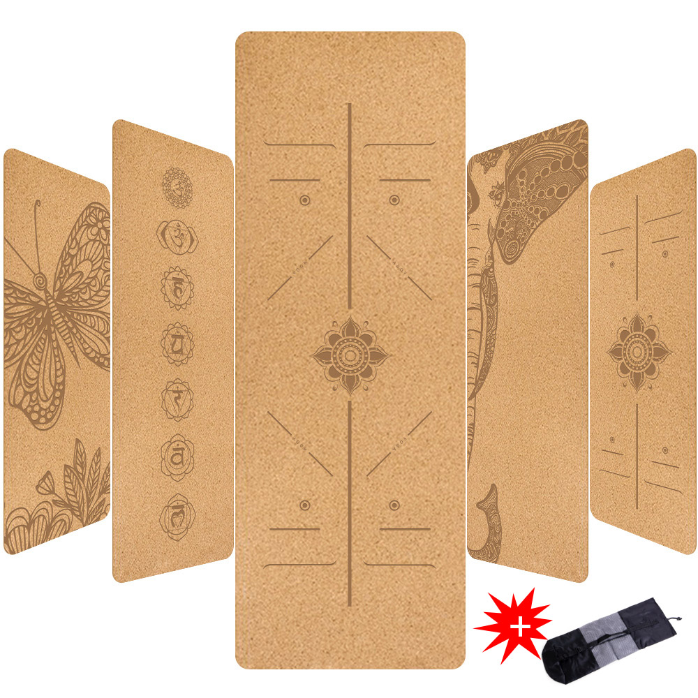 

6mm Natural Cork TPE Printed Yoga Mat Non-slip Esterilla Yoga Sweat-absorbing Home Fitness Pad Gymnastics Pilates Mats With Baga, Red