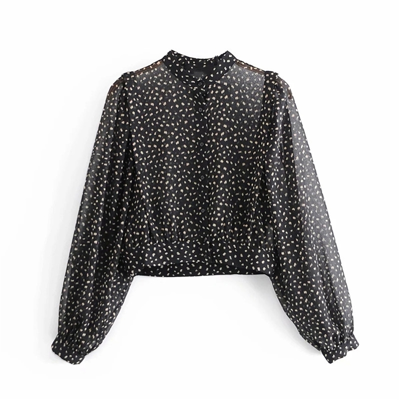 

Black Printed Semi Sheer Crop Top Woman Long Puff Sleeve Chiffon Blouse Women Vintage Button Up Sexy Ladies Tops 210519