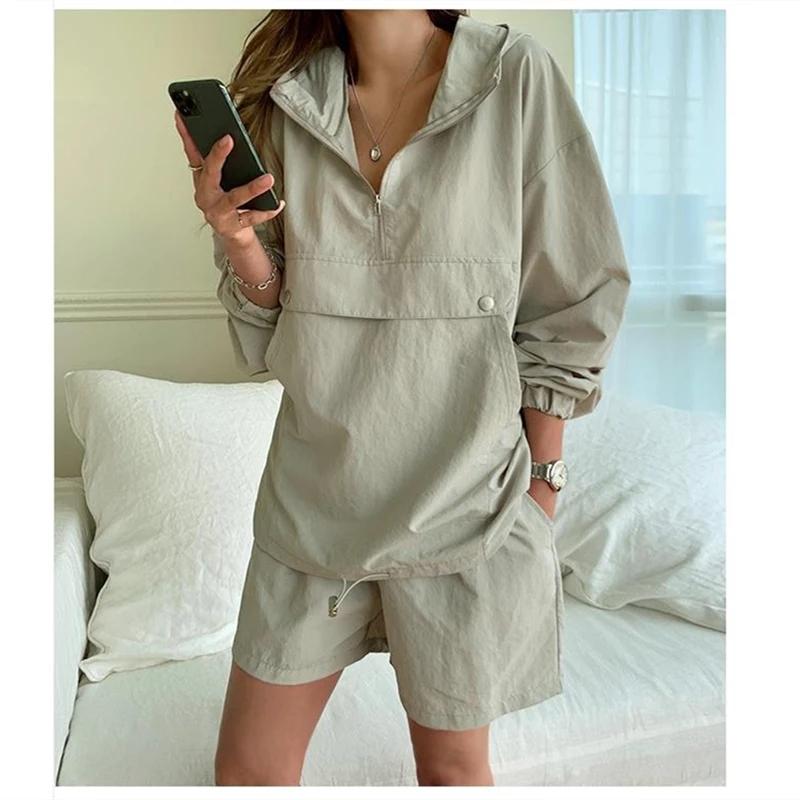 

Women's Tracksuits Spring Summer Tracksuit Suit 2 Pieces Set Hooded Long Sleeve Hoodies And Shorts Female Casual, Gray