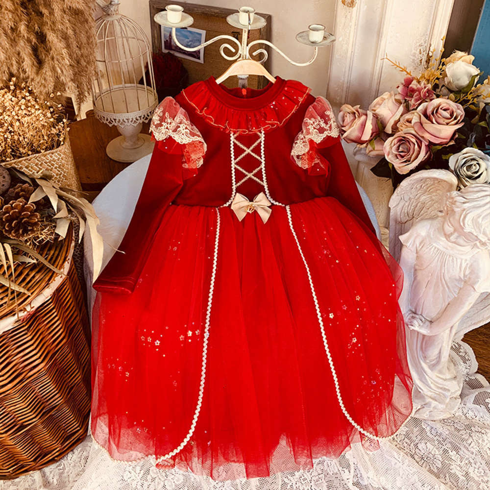 

Girls' Dresses Physical shootingsle Autumn and winter Princs Korean long sve veet red lace girl's Drs children's wear, Red;yellow