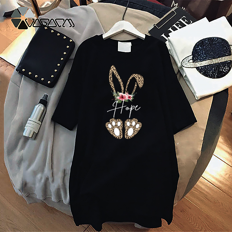 

PROPCM Women Summer Dress Leopard Rabbit T Shirt Fashion O Neck Casual Loose Female Vintage Mini Vestidos Woman Dresses Party, D001-black