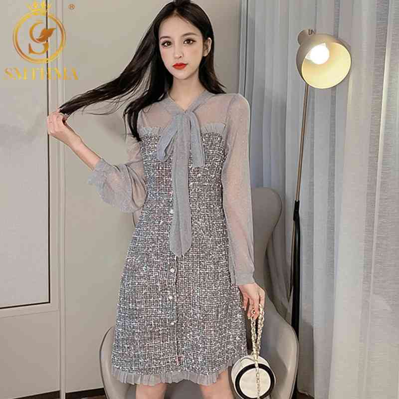 

Autumn And Winter Sexy See-Through Mesh Tweed Dress Ribbon Bow Single-Breasted Long Sleeve Chic 210520, Picture color