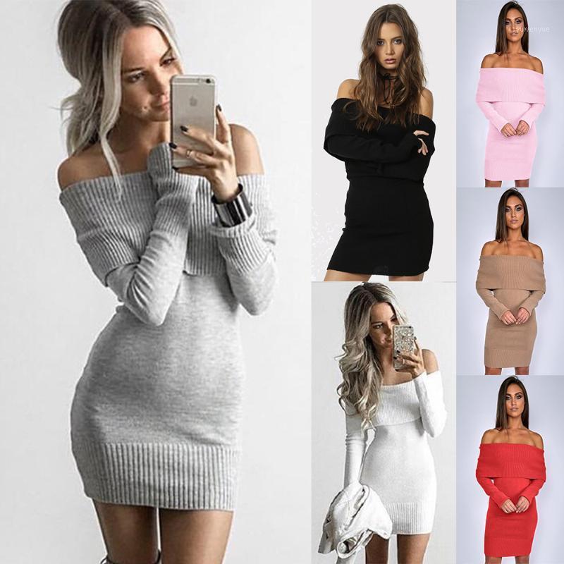 

Casual Dresses Elegant Women Knitted Dress Off Shoulder Long Sleeve Female Autumn Winter Slim Fit Sweater Chic Ladies Office Vestidos, Khaki