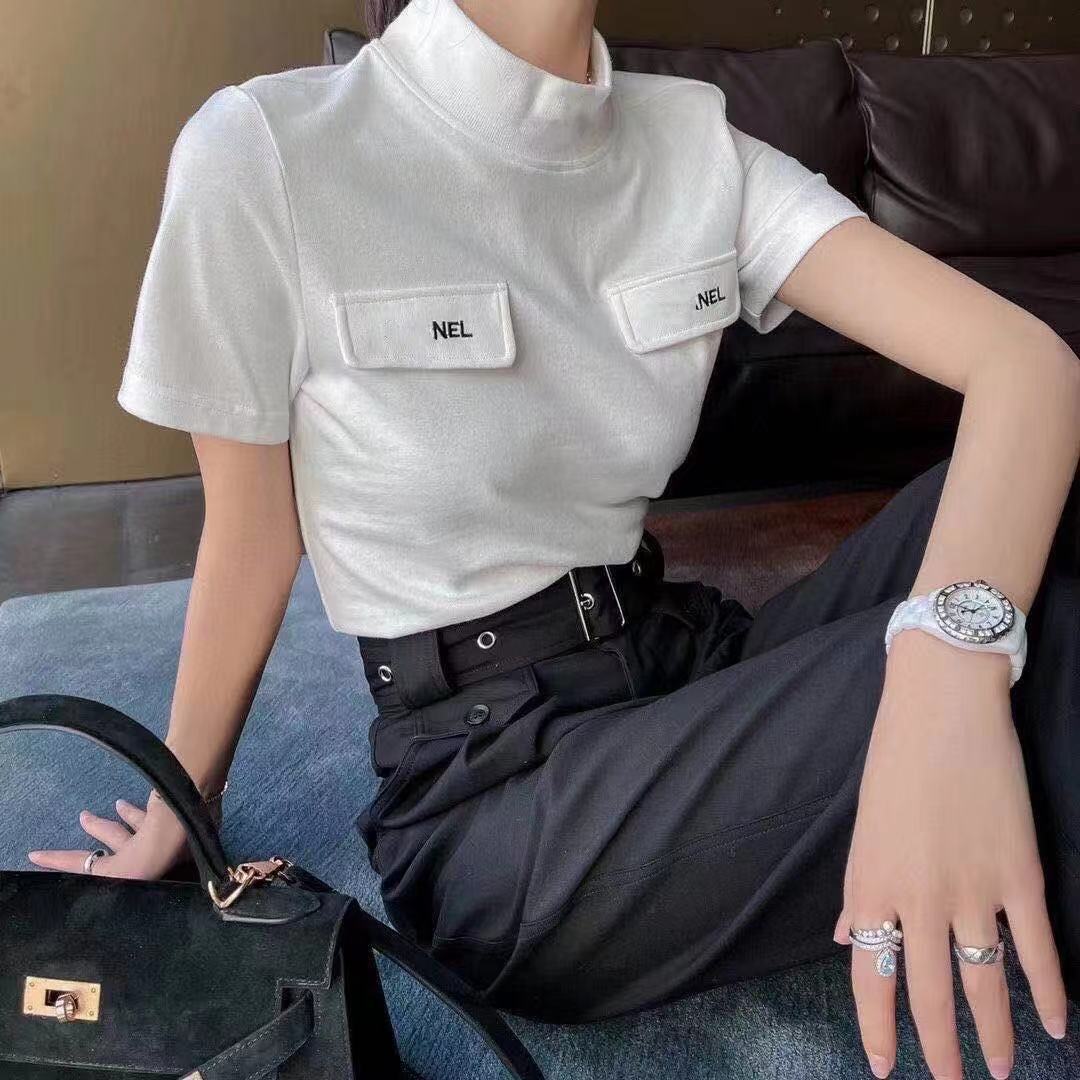 

Women's T-Shirt 2021 spring and summer half high neck shirt pocket classic letters embroidered short-sleeved woman, White