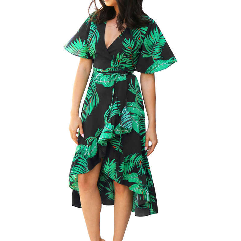 

Print V Neck Short Sleeve Bandage Ruffle Irregular Hem Elegant Dress Women Casual Boho Summer Streetwear Plus Size Dresses 210608, Black