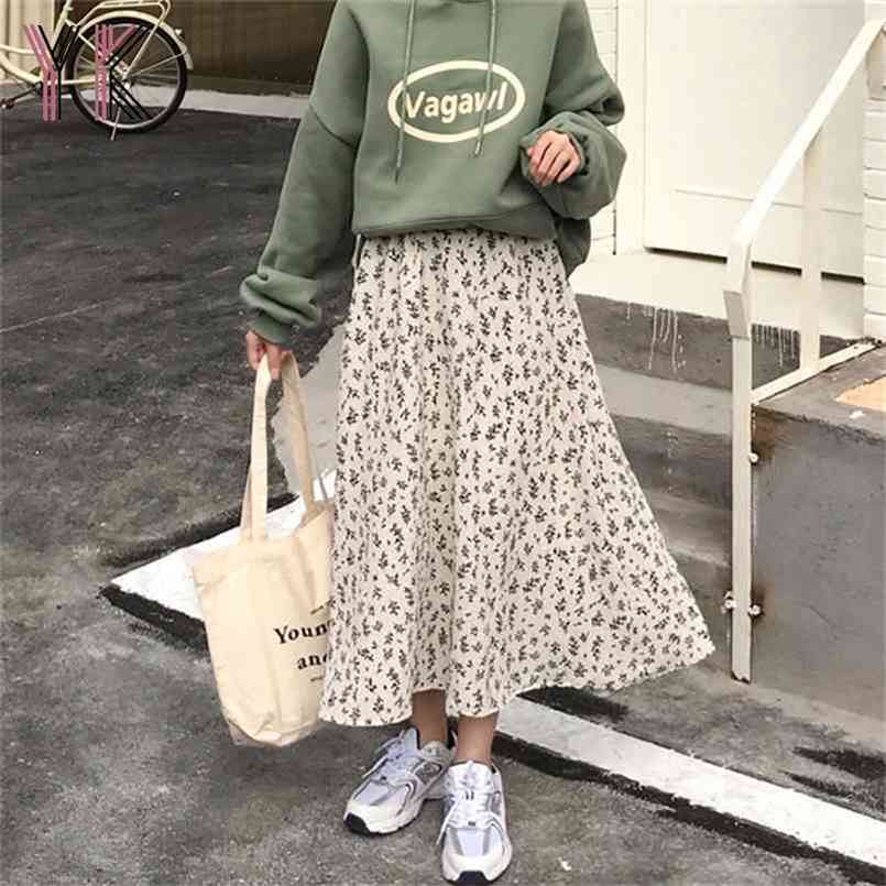 

Women' Skirts Harajuku High Waist Floral Print for Women Spring Autumn Midi Vintage Female Korean Style Long 210702, White