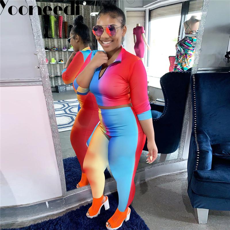 

Two Piece Dress Yooneedi 2021 Autumn Design Sexy 2 Pcs Women Set Color Gradient O-neck Full Sleeve Short Tops And Long Pants ALS147, Multi