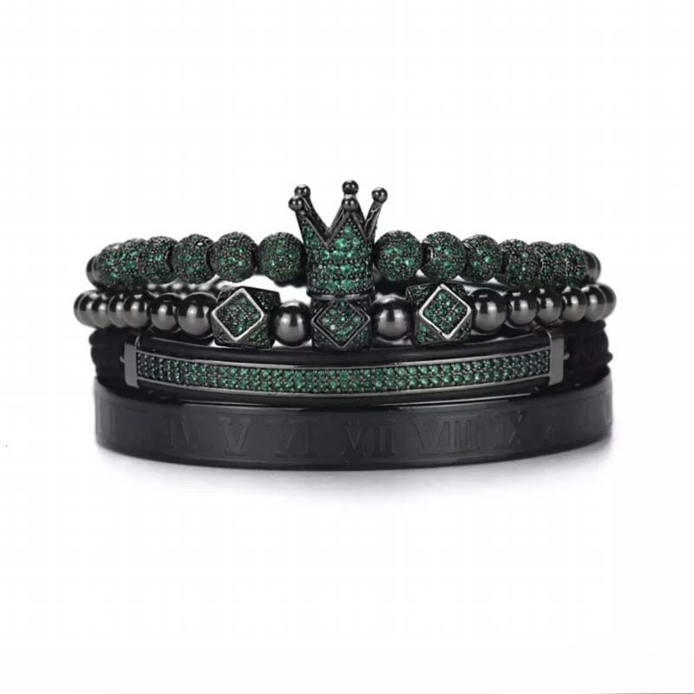 

Punk style micro inlaid green zircon crown diamond ball polygonal Braided Bracelet Roman lettering