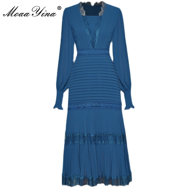 

Fashion Runway Summer Black/Blue Dress Women V-neck Lace Patchwork Long sleeve High street Lady Elegant Midi 210524