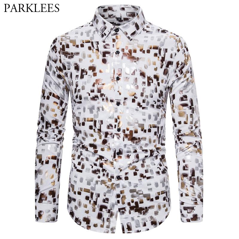 

Men's Casual Shirts Shiny Plaid Bronzing Mens Dress 2021 Fashion Colorful Printed Shirt For Men Button Streetwear Camisas Para Hombre, Black