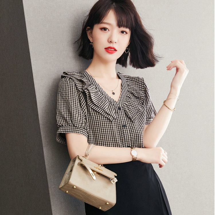 

Summer Shirt Women' Short Sleeve Retro Plaid Blouse Ruffle Trend Girl Shirt Fashion OL Ladies Blouse, Multi