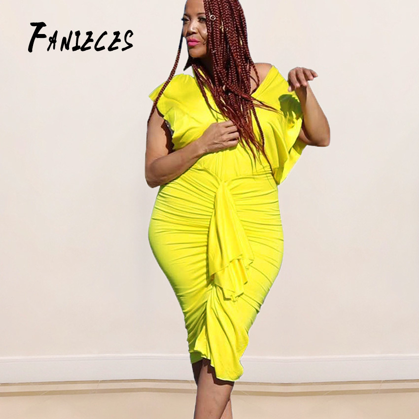 

Deep V Neck Sexy Bodycon Summer midi Dress Women Ruffles sheath Party Lady Club Beach dress vestidos streetwear Sundresses 210520, Yellow