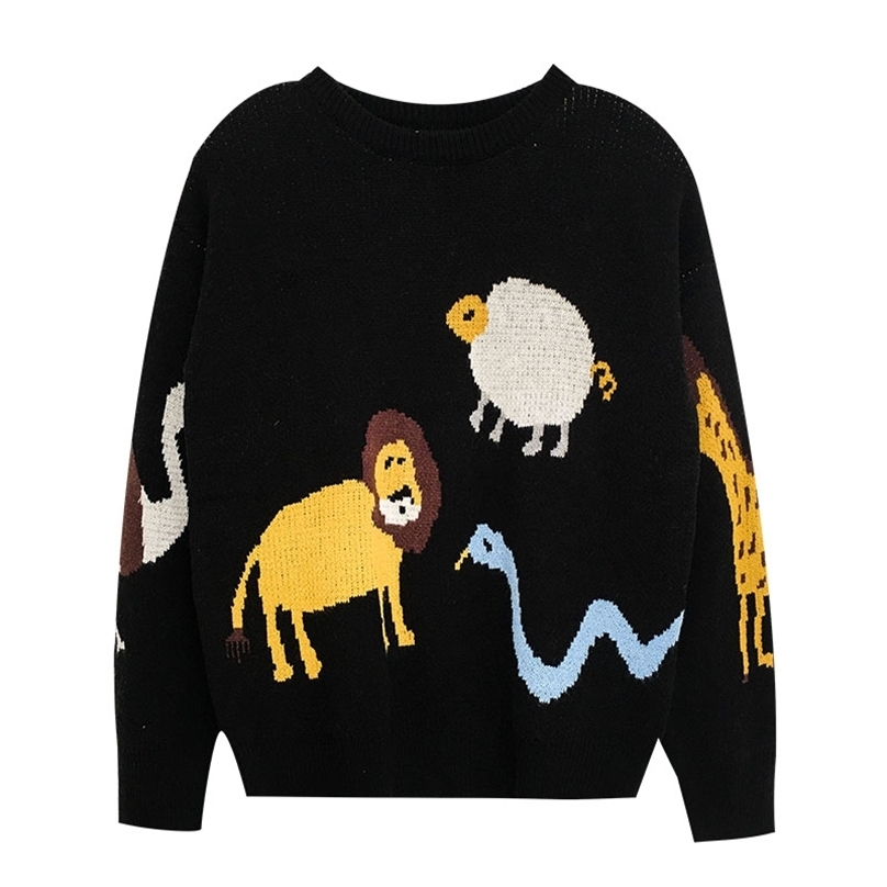 

Women Harajuku Sweater Spring Autumn Long Sleeved Cute Cartoons Pullover Tops Female Black Vintage Knit Sweaters 210525