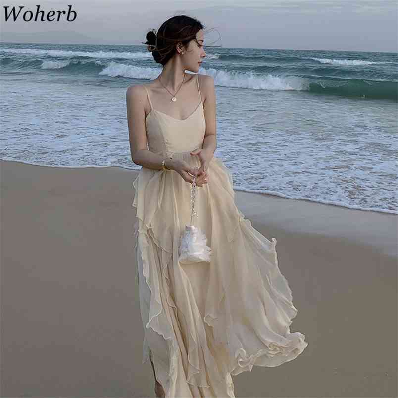 

Women Sleeveless Maxi Dress Summer Suspenders Backless V Neck Vestidos Temperament Ruffles Beach Chiffon Dresses 210519, Photo color