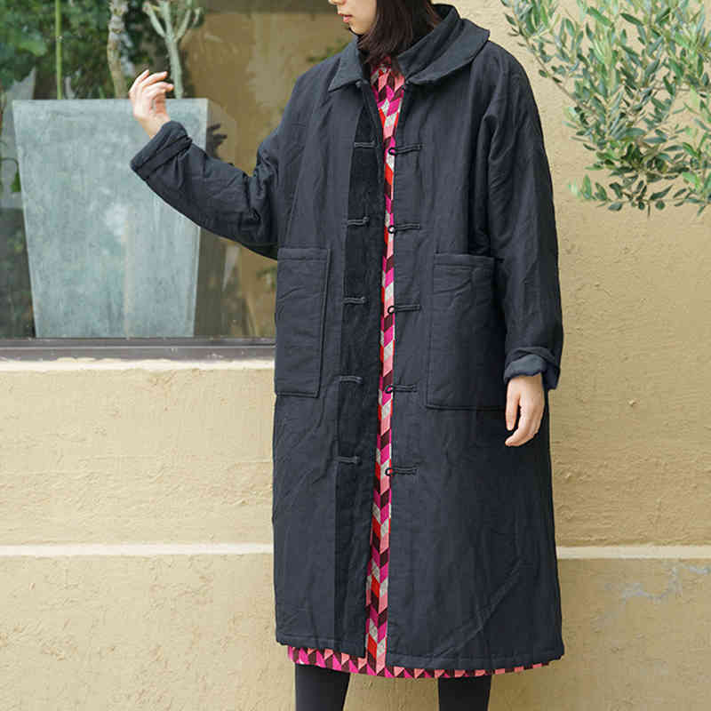 

Johnature Autumn Winter Cotton Linen Fashion All-match Double Collar Thick Cotton Coat Loose Comfortable Women Coats 210521, Black