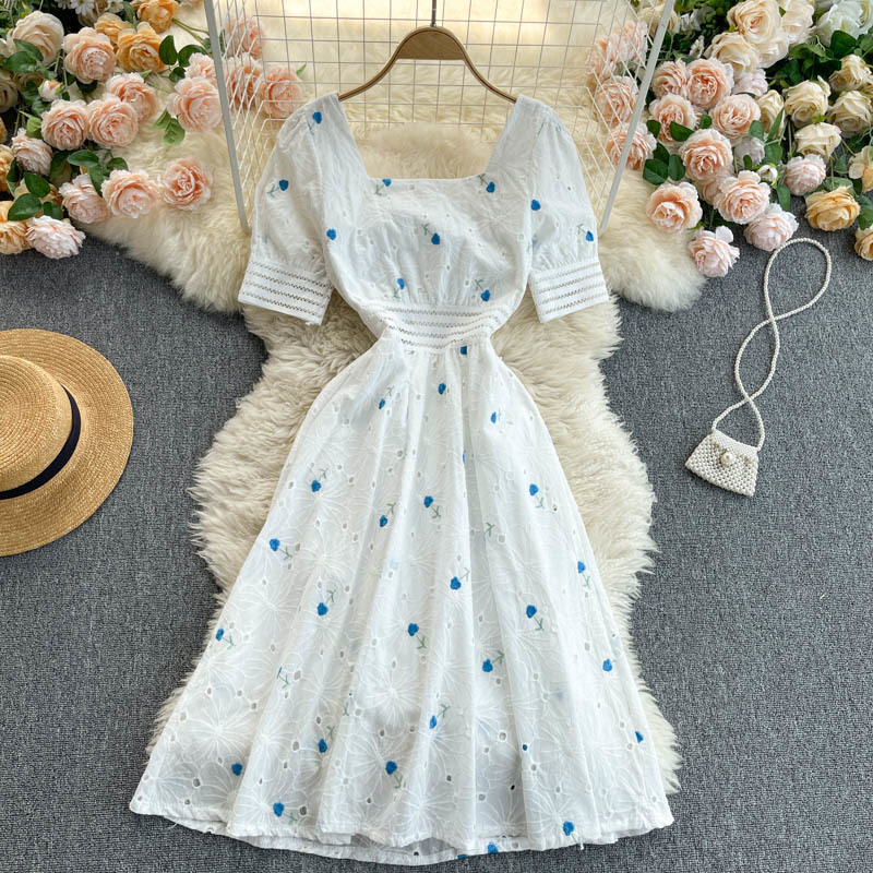 Casual Dresses Hollow Out Flowers Embroidery Lace Dress White Women Summer Short Sleeve Square Collar Elegant Vintage Korean Cloth-image-700022135