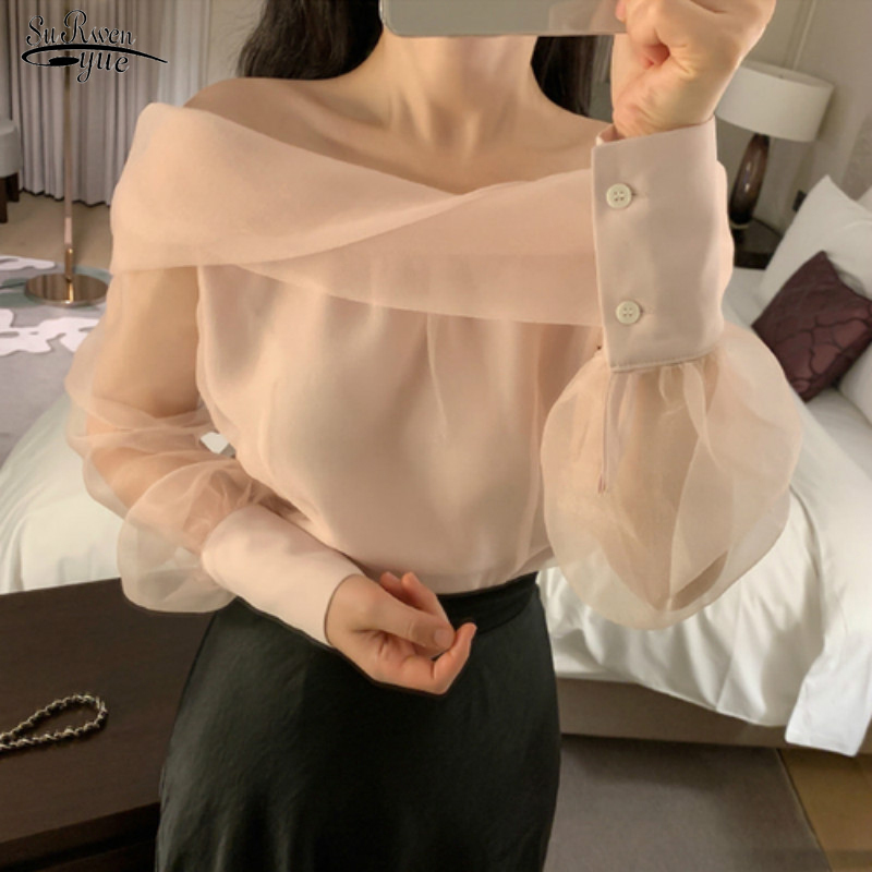 

Slash Neck Shoulder Strapless Mesh Blouse Women Spring Pullover Long Sleeve Blusas Solid Slim Fit Wild Shirt Tops 13412 210521, Black