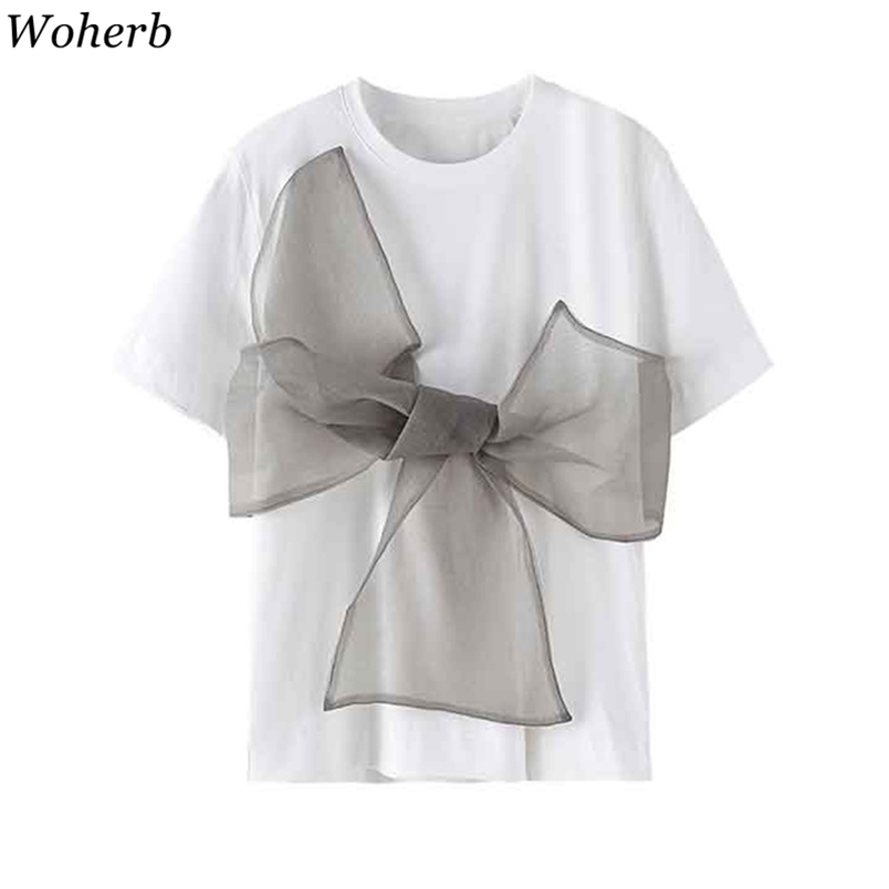 

Women T Shirts Cotton White Short Sleeve O Neck Loose Tee Korean Summer Fashion Bow Patchwork Personality Tops 210519