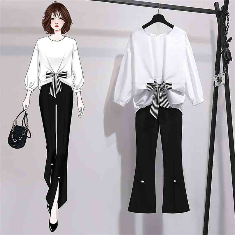 

Spring Casual Two piece set Women O-neck Batwing sleeve Striped Bow Loose Shirt and Beaded Flare Pants Suits 210602, White