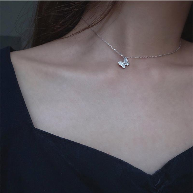 

Pendant Necklaces 925 Sterling Silver Ladies Flash Diamond Butterfly Necklace Simple Personality Fresh Temperament Student Clavicle Chain