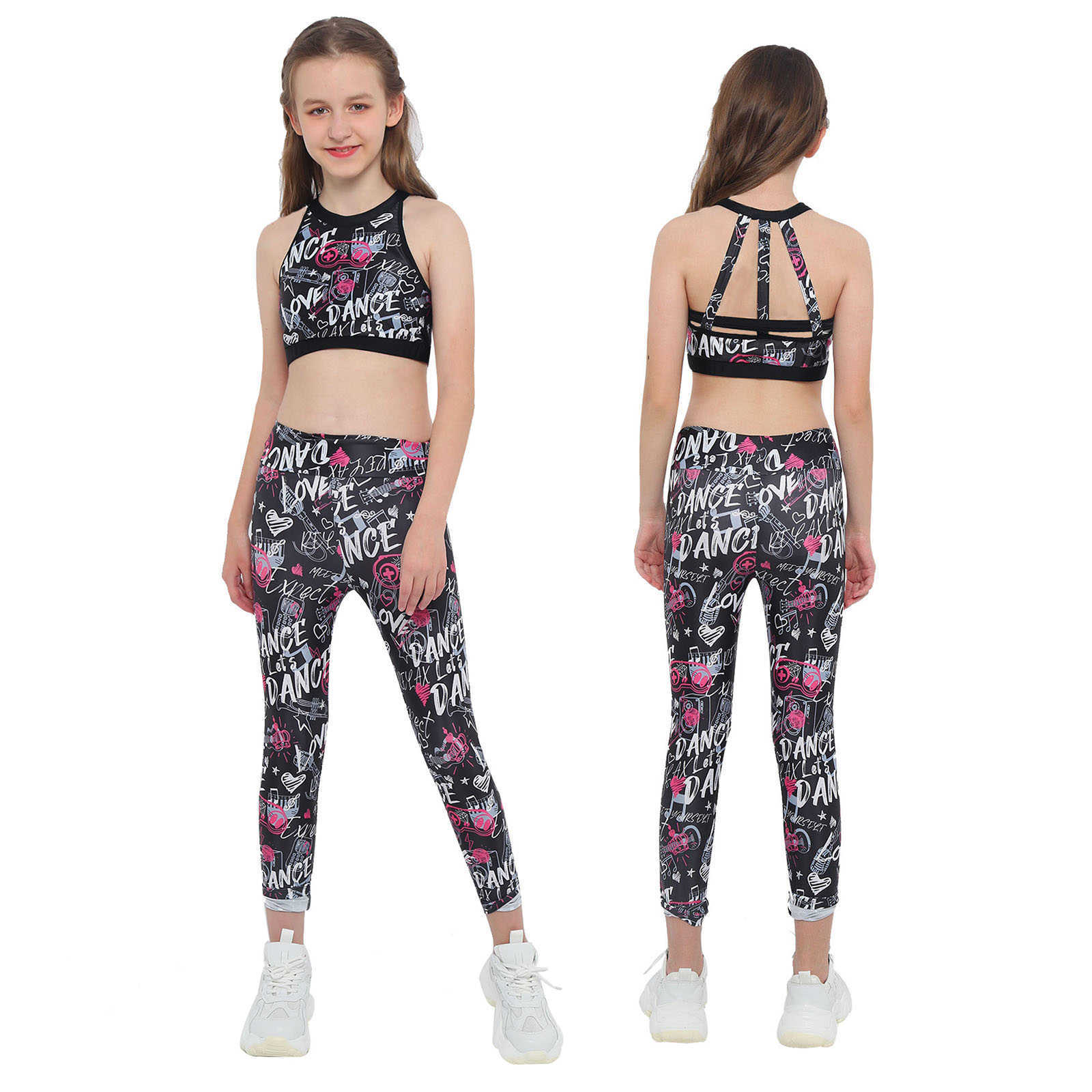 

2Pcs Kids Girls Yoga Suit Gym Workout Sets Sleeveless Open Back Crop Top High Waist Wide Pants Set for Running Gym Yoga Sports P0831, Purple geometric pat