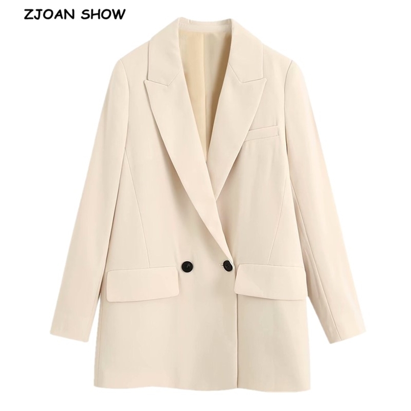 

Autumn Free style Double Breasted Buttons Causal Blazer Boyfriend Vintage Women Mid Long Suit Coat Fashion Femme 210429, Ivory