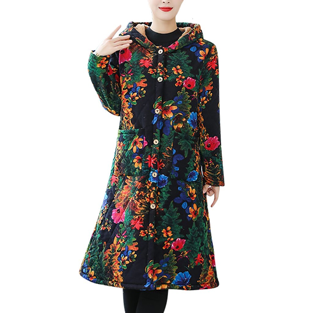 

Women Fashion Womens Winter Warm Outwear Floral Print Hooded Pockets Vintage Oversize Coats Overcoat Blouse Tops, Black