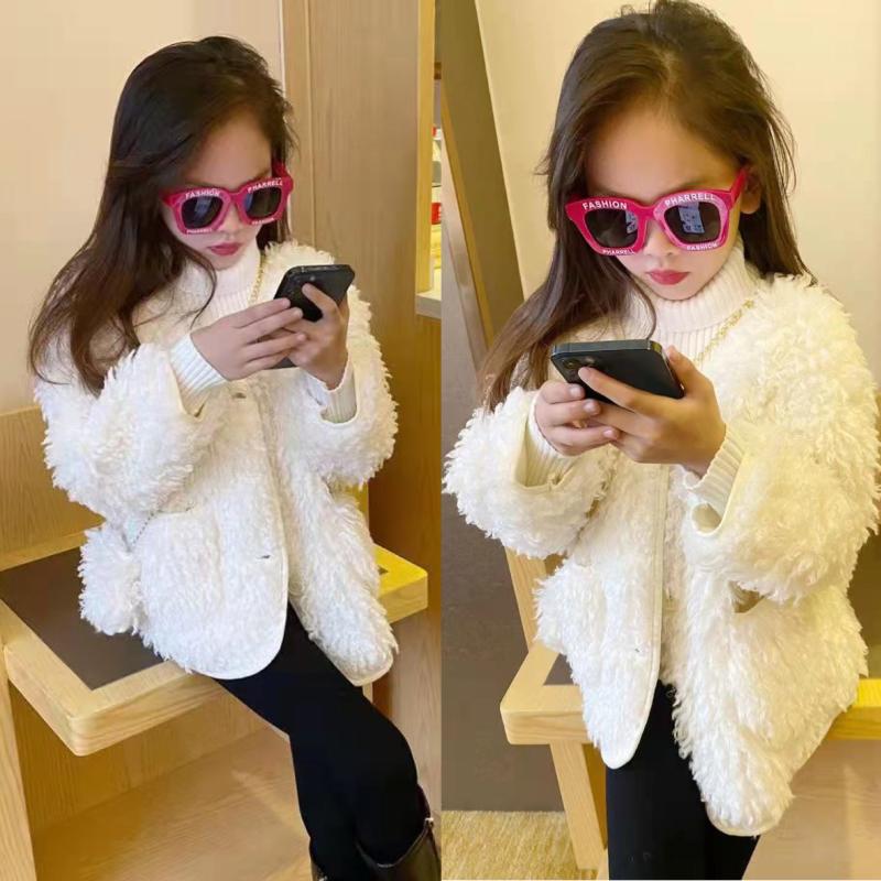 

Jackets Kids Lamb Wool Short Thick Coat For Girls Warm Fashion Plush Cardigan Jacket Teen, Blue;gray