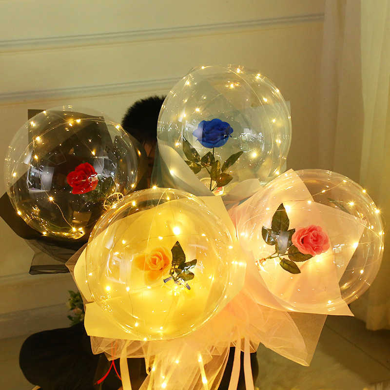 

LED Rose Flower Balloon Set Luminous Artificial Flower Bouquet Clear Bobo Ball Balloons Kit for Valentines Wedding Party Decors Y0622