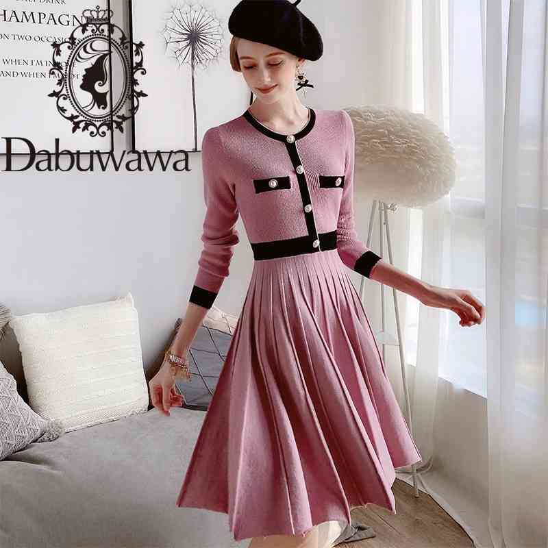 

Dabuwawa Elegant Pink Knit Dress Women Autumn Winter O-Neck Long Sleeve Single Breasted Fit and Flare Dress Female DT1DDR010 210520