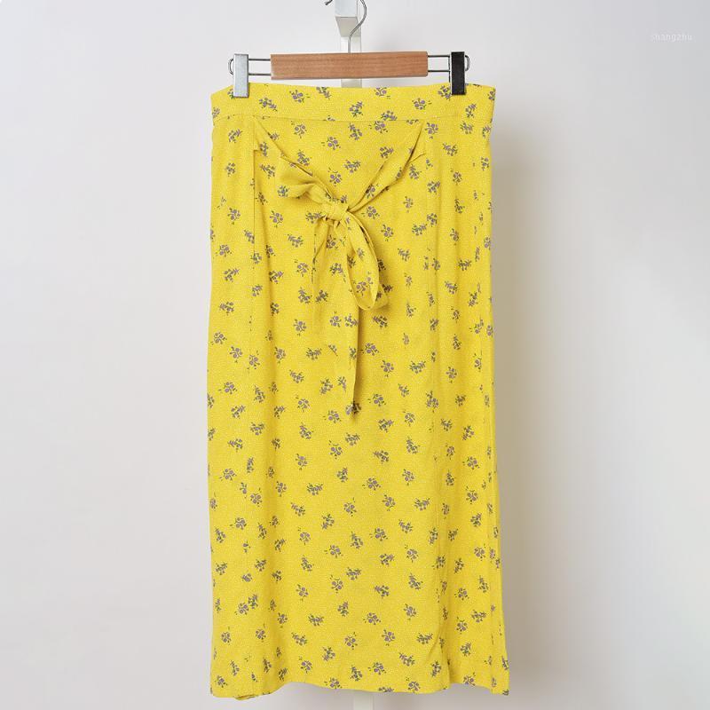 

Skirts Spring Summer Women Lace-up Midi Skirt Vintage Floral Print High Waist Female Clothes, As pic