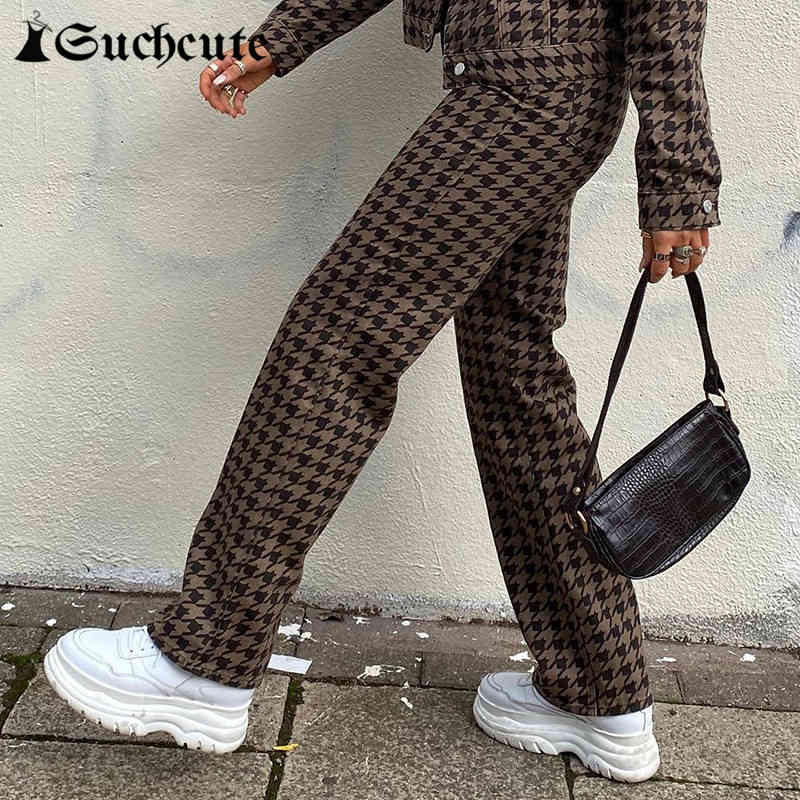 

Women's Jumpsuits & Rompers Streetwear Fashion Houndstooth Pants Casual High Waisted Straight y2k Vintage Korean Style 90s Trouser, Brown