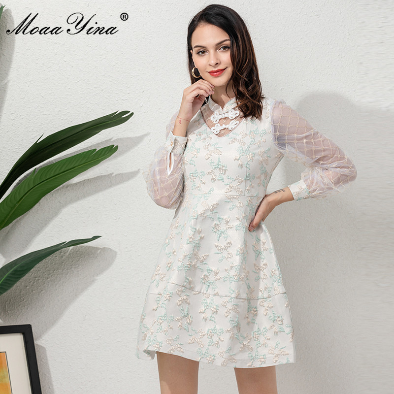 

Moaa Yina Fashion Designer Summer Party Elegant Mini Dress Women's Stand collar Lantern sleeve Splicing Vintage Jacquard 210524, Beige