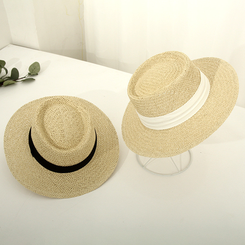 

Stylish Summer Flat Top Hat Women Sunscreen Sun Hats Ladies Straw Cap Solid Color Caps Resort, Beige