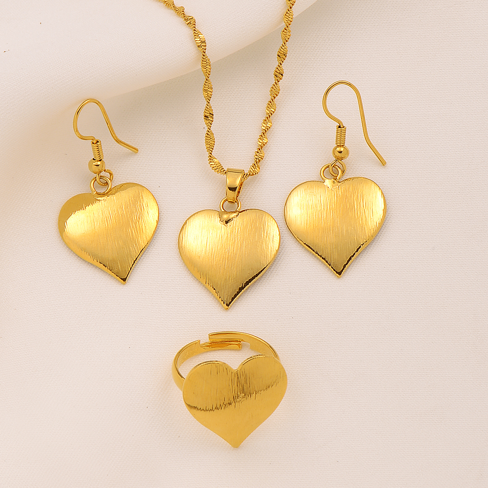 Pendant Necklace Earrings Fashion Retro Heart Glaze Plain Charm Jewelry Sets FINELY WORKED BRIGHT ITALY 9k Solid G/F Gold-image-737901537
