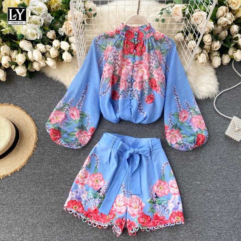 

LY VAREY LIN Spring Women Long Puff Sleeve Single Breasted Floral Shirt Hollow Loose Wide Leg Short Two Piece Set 210526, Blue
