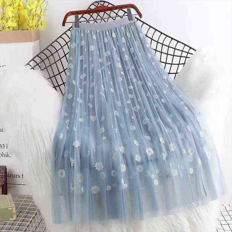 

summer girls floral printed womens skirt elegant double layer mesh midi fashion women streetwear high waist tulle pleated ds253, Black