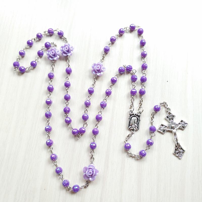 

Pendant Necklaces Purple Acrylic Rose Flower Prayer Beads Chain Rosary Necklace Virgin Mary Our Lady Medal Catholic Crucifix Cross Church Je