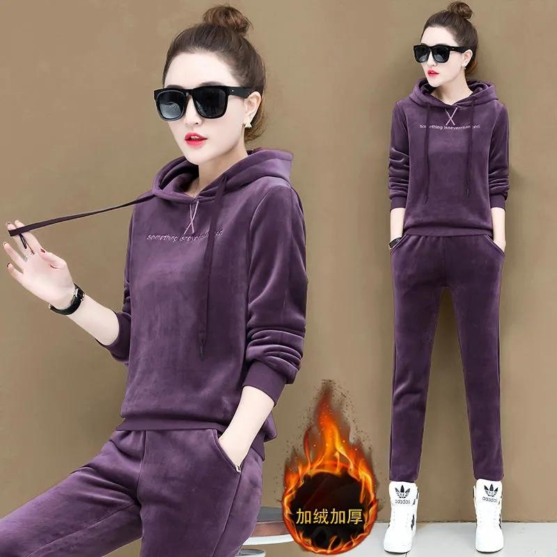 

Women's Two Piece Pants 2021 Autumn Winter Thicken Warm Velvet Tracksuit Women Plus Size Fashion Pullover Hoodies And Pant Suit Casual Set, Black