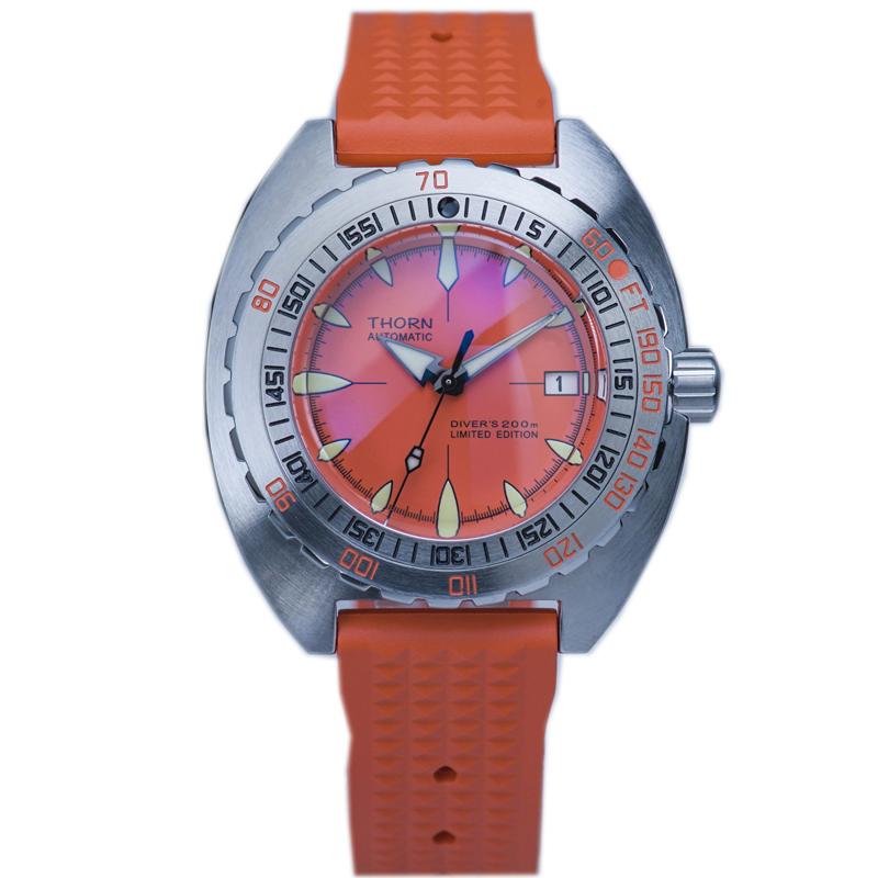 

Wristwatches THRON SUB300T Diver Watch Men NH35 Automatic Mechanical Watches Bubble Sapphire Glass Stainless Case Date Luminous 20ATM Retro, Orange dial