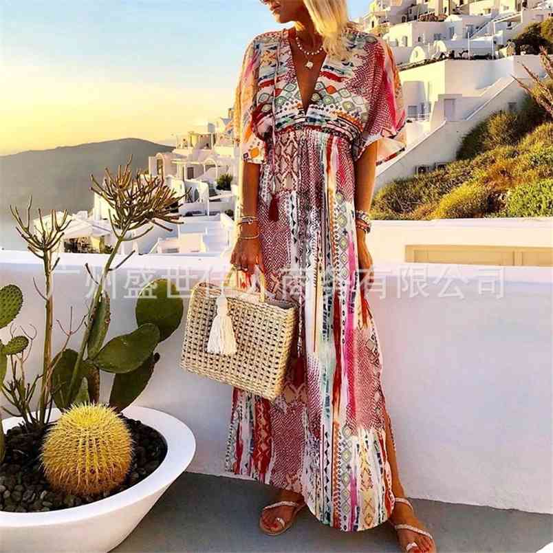 

Women' Summer Retro Bohemian Geometric Snake Pattern Dress Sexy Deep V-neck Short Sleeve Long Split Maxi 210517, Photo color