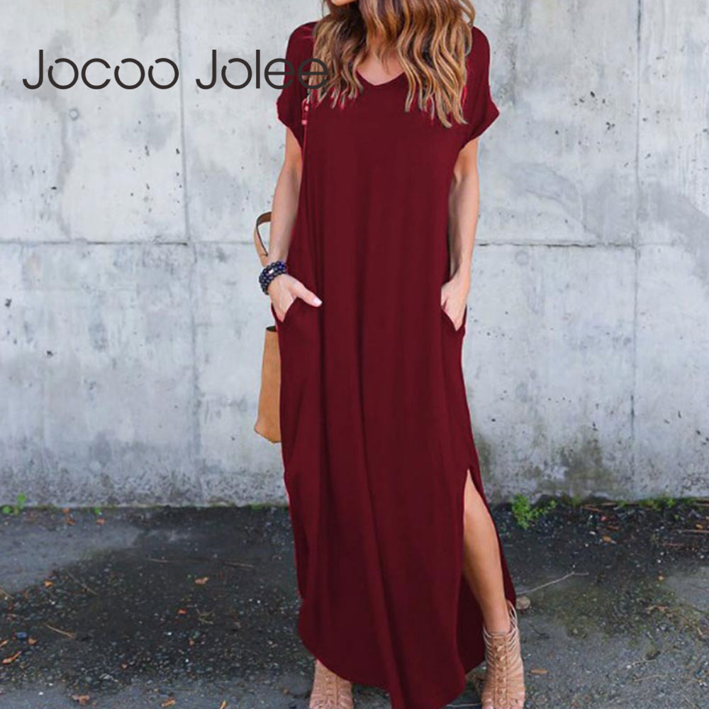

Jocoo Jolee Women Plus Size 5XL Long Dress Vintage Short Sleeve Solid Maxi Dress Casual T Shirt Dress Summer Loose Sundress 2021, As photo