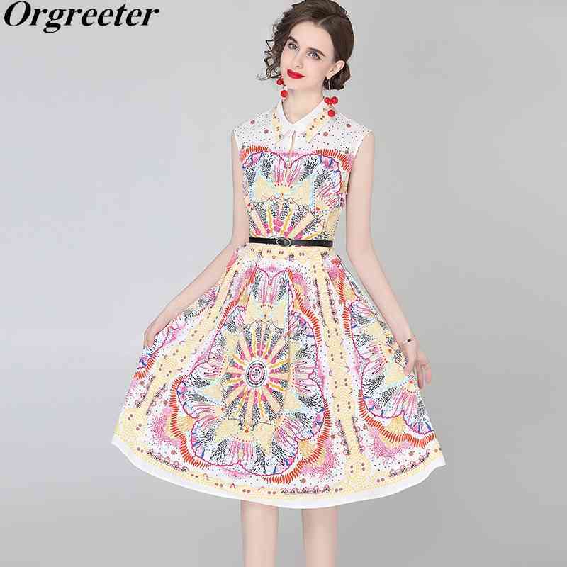 

High Quality Summer Dress Fashion Retro Floral Printted Lapel Sleeveless Tank Hollow out With Belt Women 210525, Black